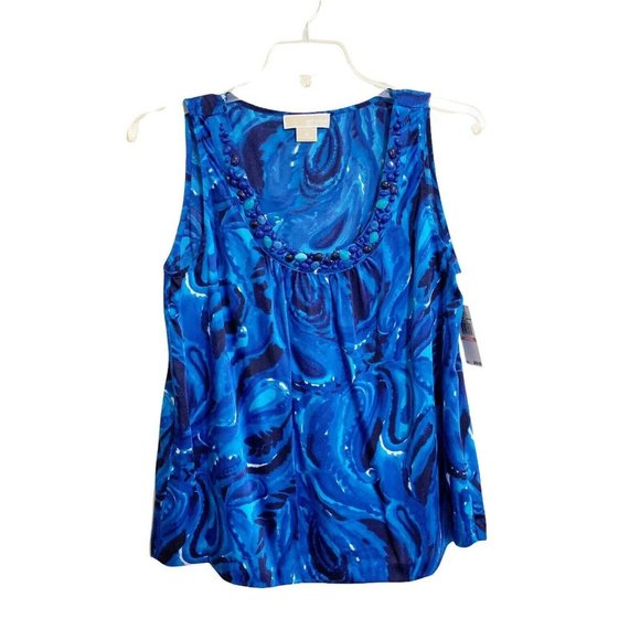 MICHAEL Michael Kors Tops - Michael Michael Kors Blue Paisley Print Beaded Sleeveless Scoop Neck Top